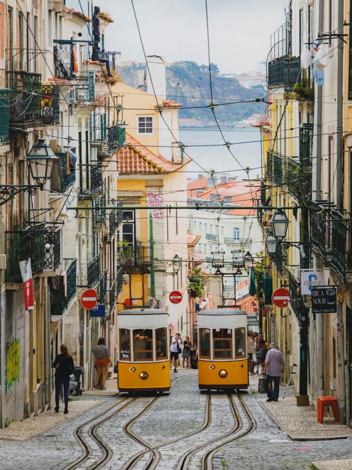 Bica funicular tram on a steep Lisbon street