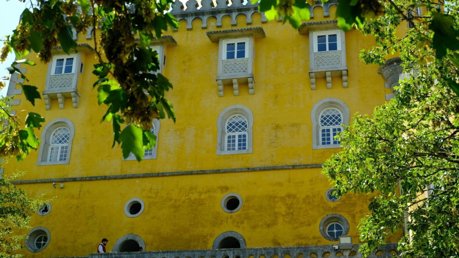 Colourful yellow facade of Pena Palace in Sintra