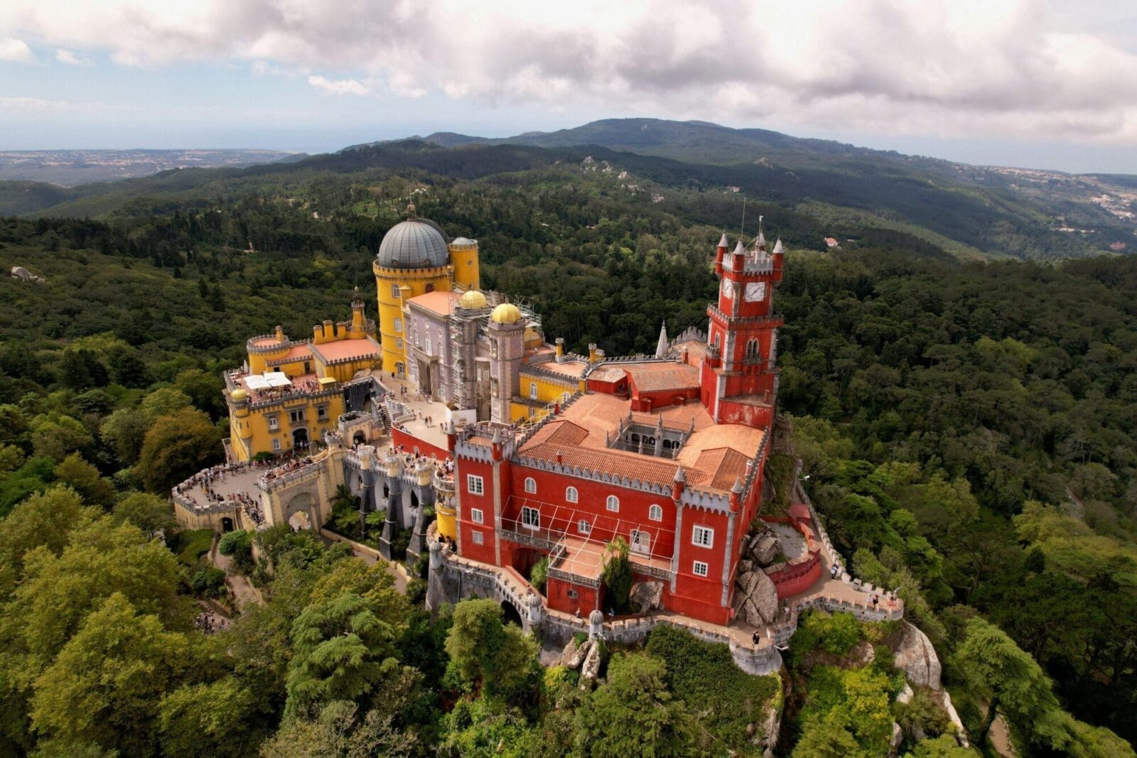 Panoramic view from Pena Palace hilltop over Sintra and the Atlantic